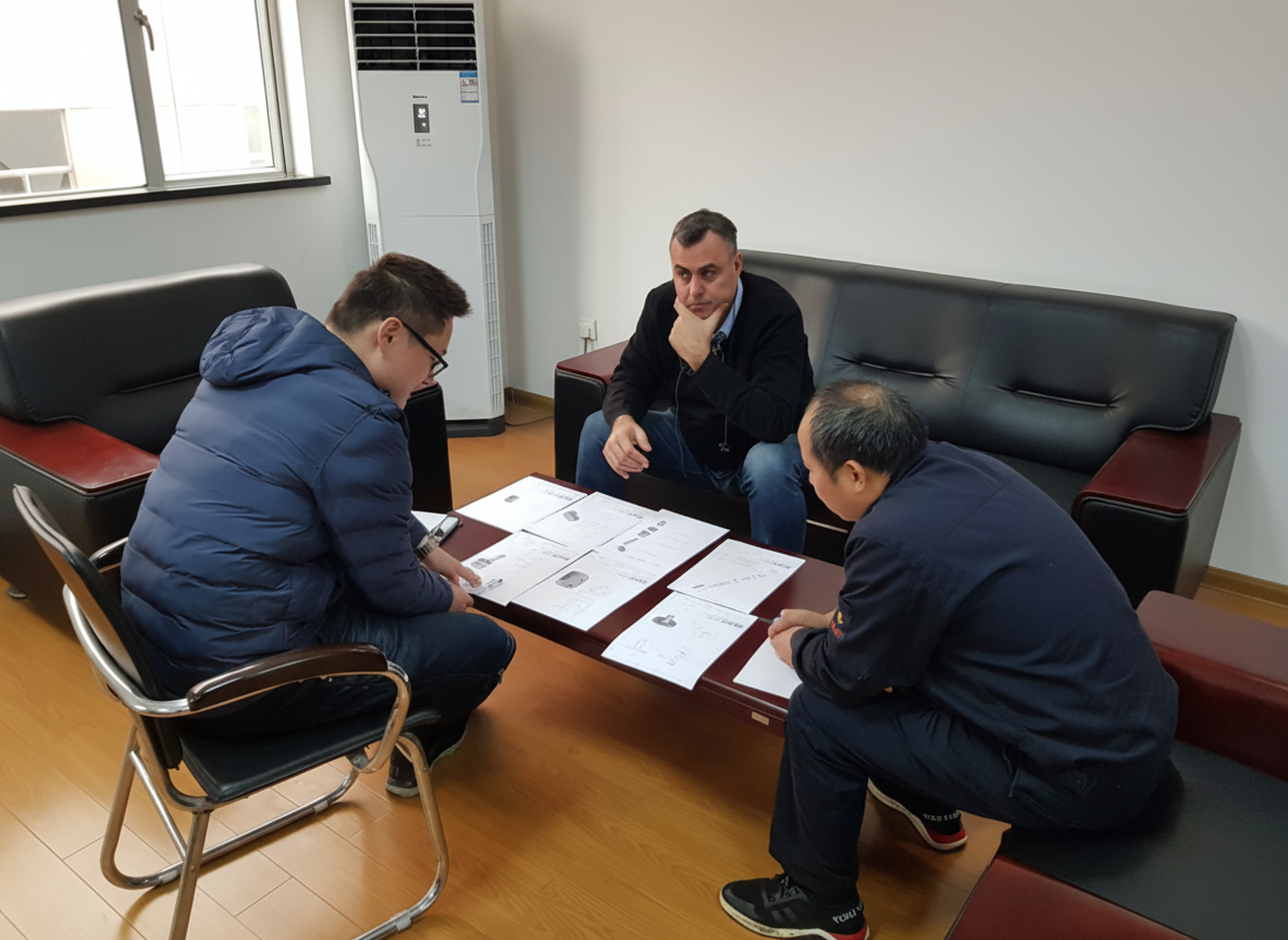 ATI team reviewing technical drawings with Chinese manufacturing partners