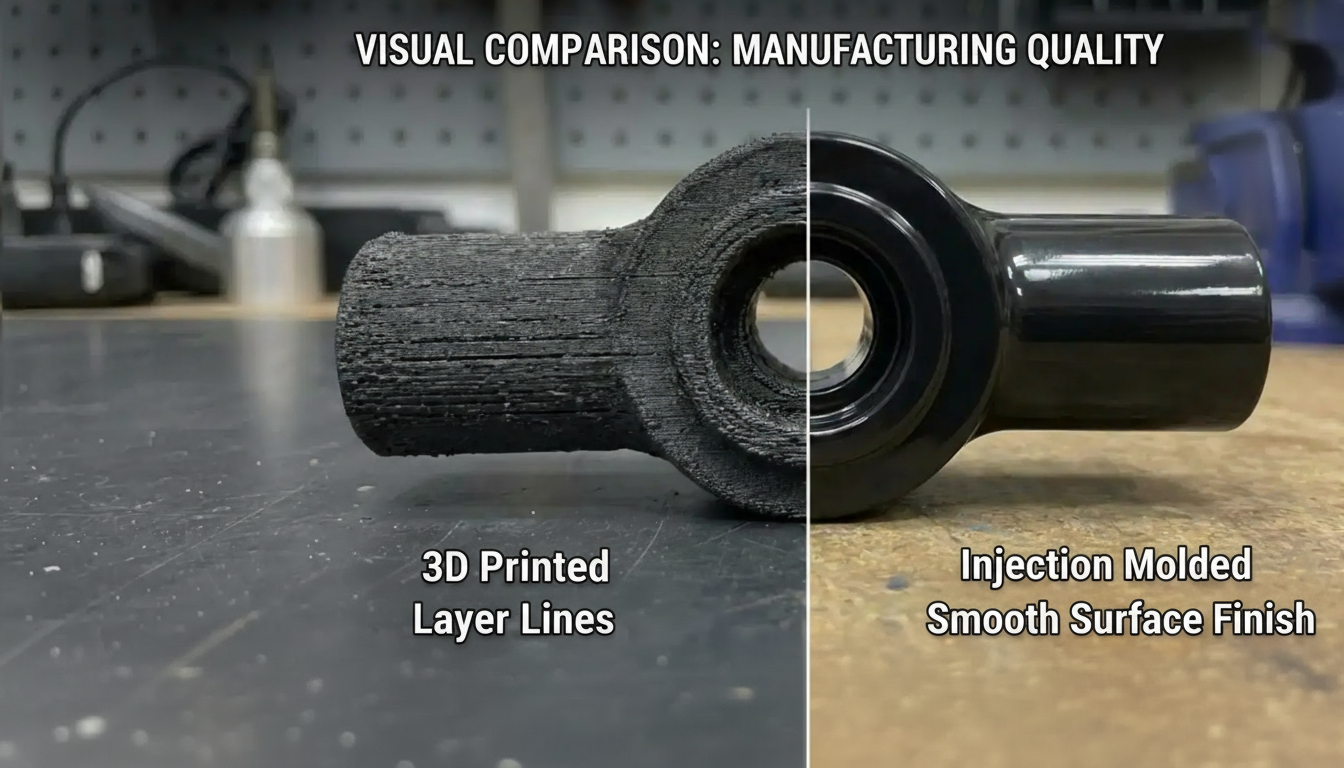 Visual comparison of 3D printed part with layer lines versus injection molded part with smooth surface finish
