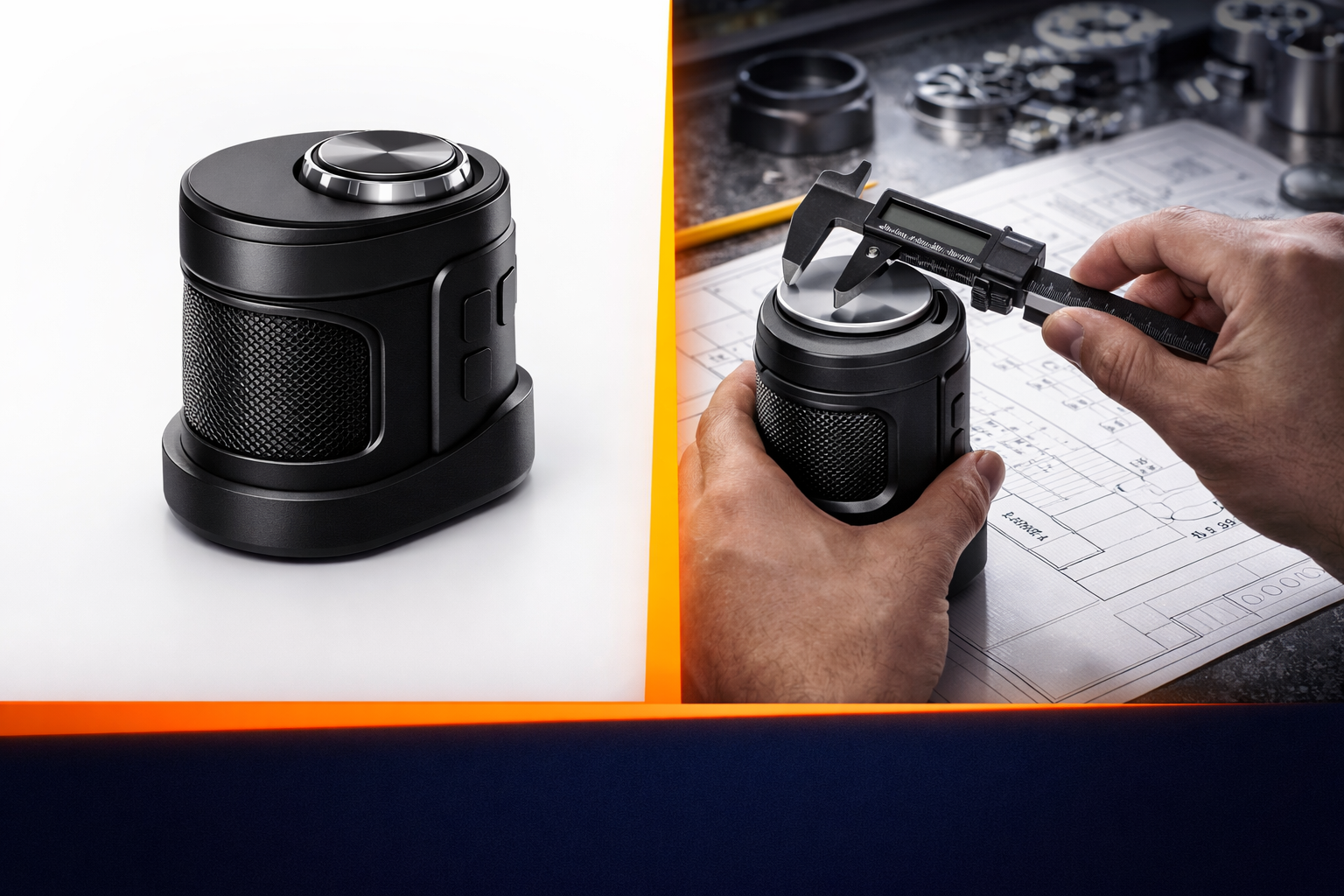 Side-by-side comparison of an AI-rendered product concept on a white background and the same product being measured with precision calipers in a workshop