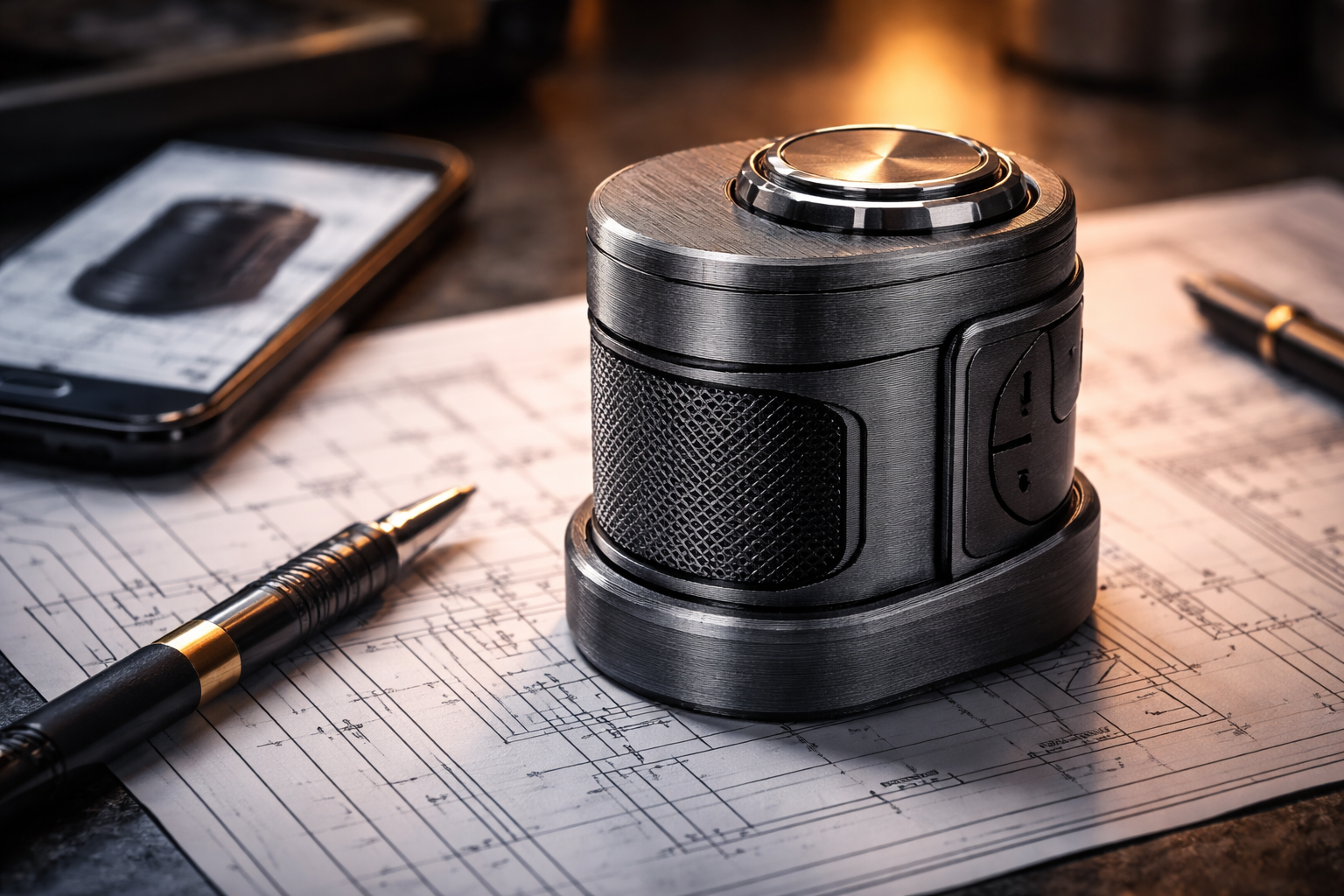 Precision-engineered product prototype sitting on technical engineering drawings in a workshop environment