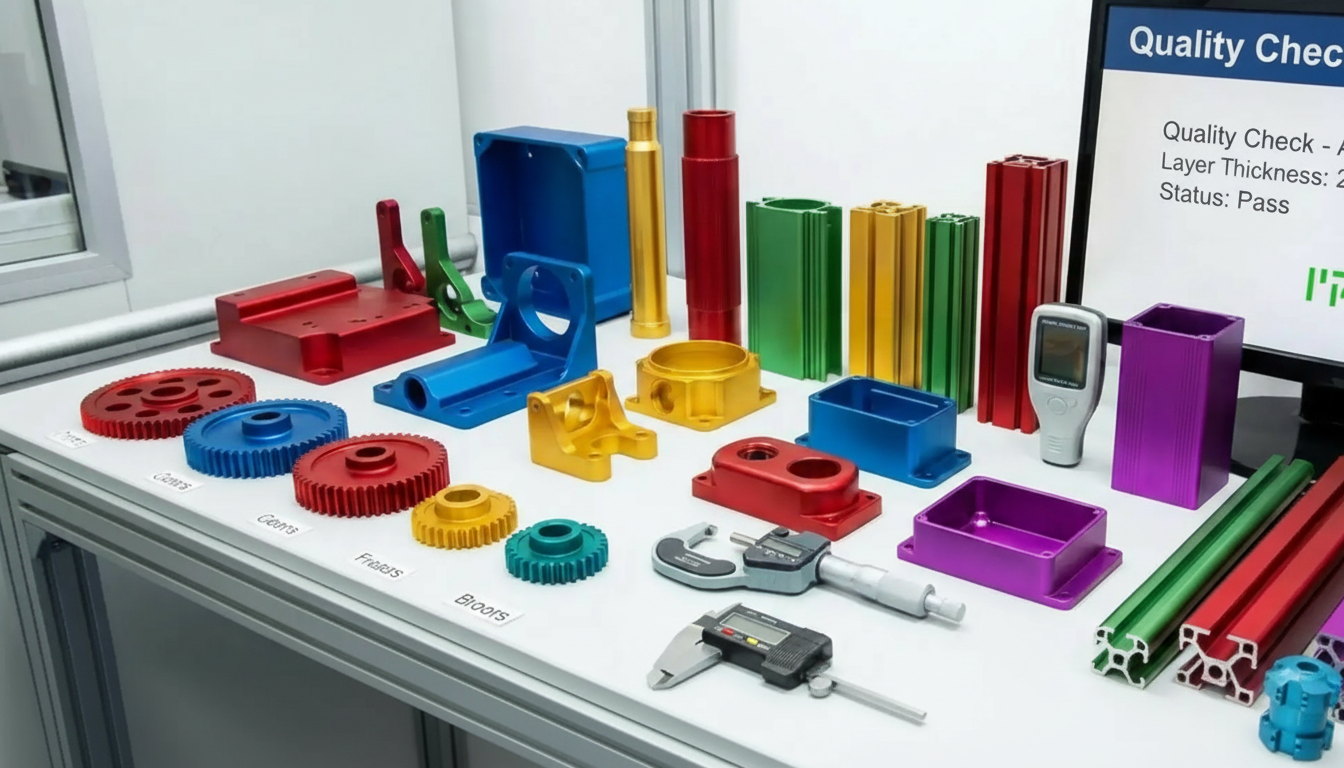 Series of finished aluminum products with various colored anodized finishes on a quality control table with digital measuring tools
