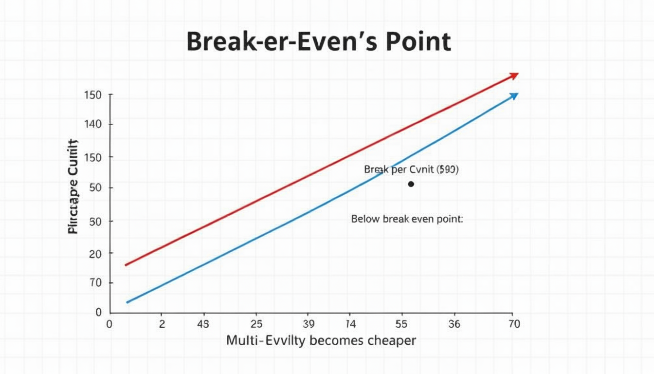 Diagram showing the relationship between production quantity and per-unit cost, with Single Cavity and Multi Cavity lines crossing at the Break-Even Point
