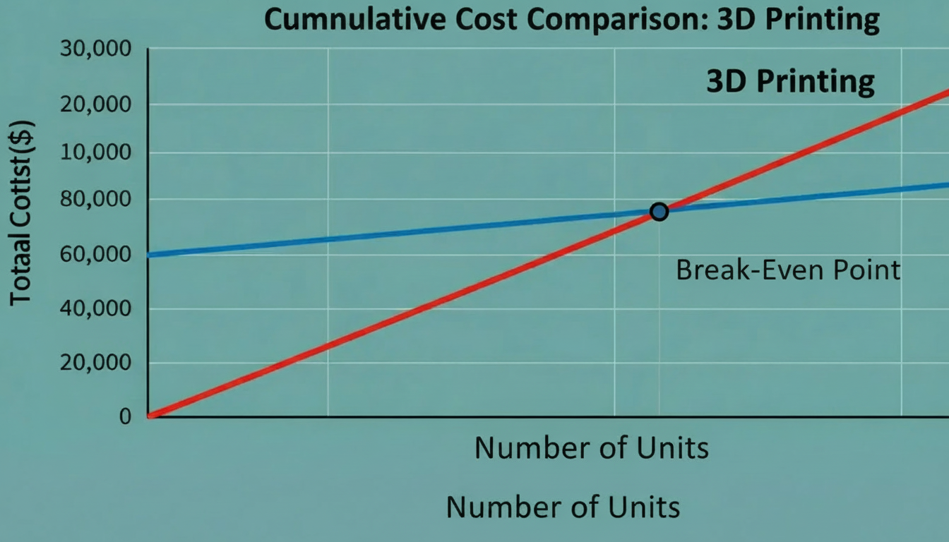 Break-even analysis graph showing cumulative cost curves for 3D printing vs injection molding
