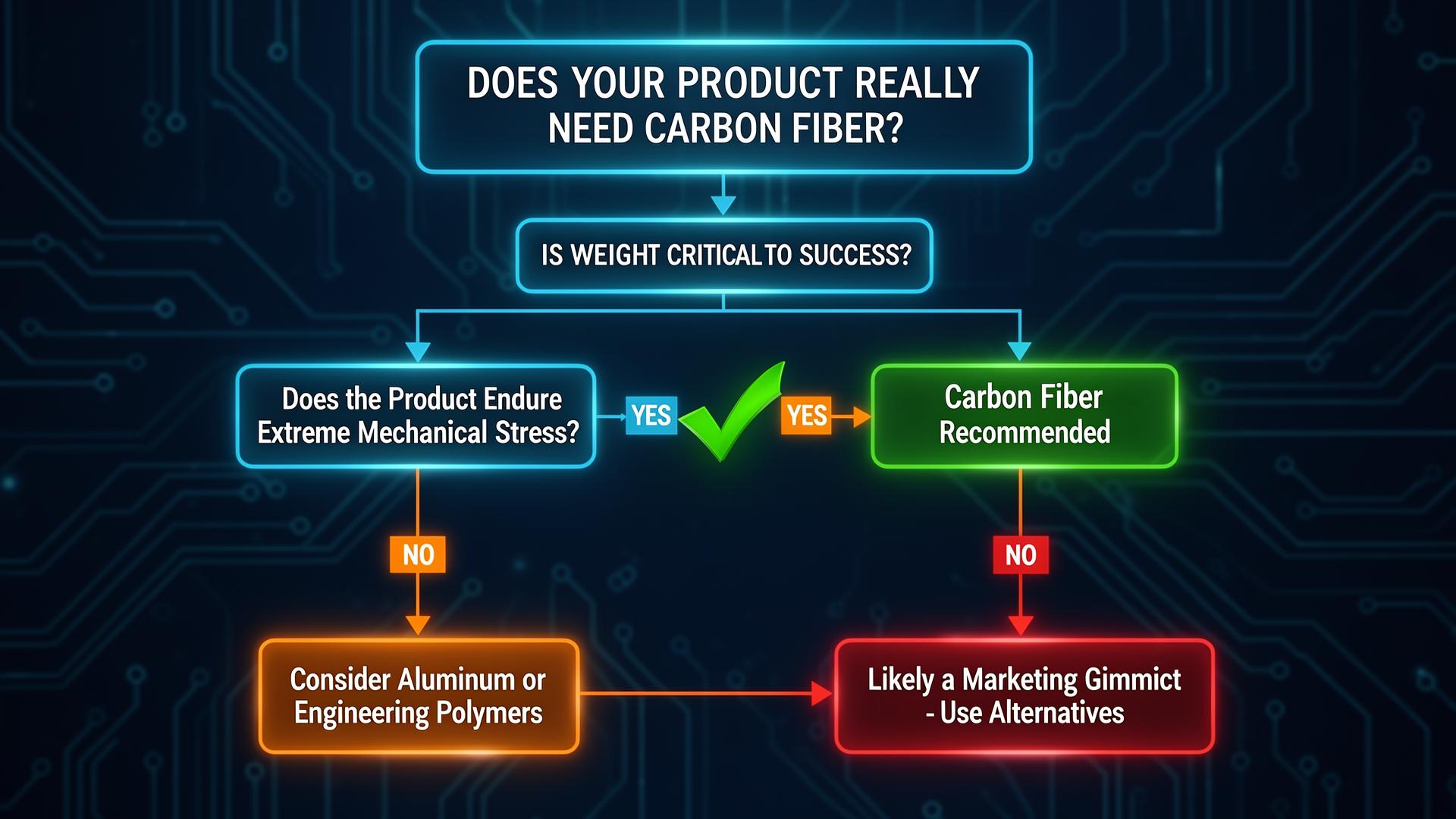 Decision tree infographic helping engineers and entrepreneurs determine step by step whether they truly need carbon fiber for their project