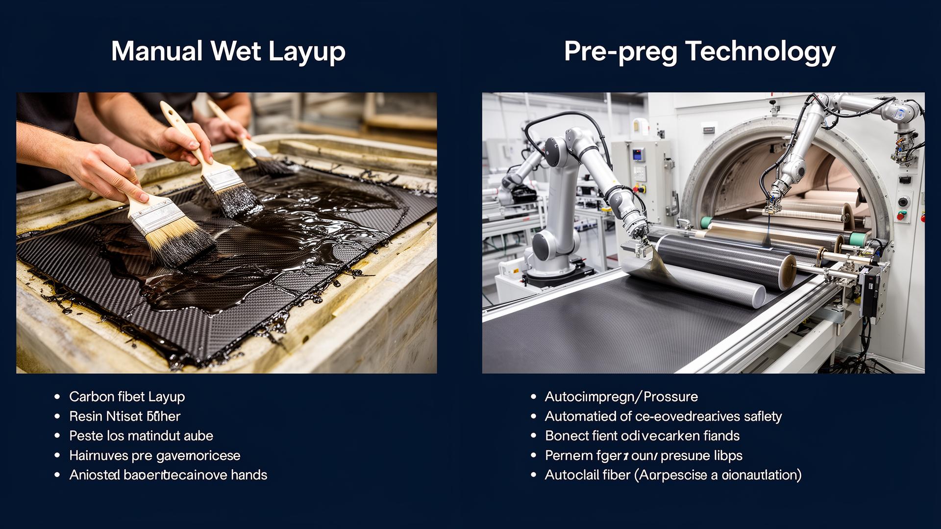 Professional infographic comparing manual wet layup with brushes and liquid resin on one side versus clean and precise pre-preg technology with industrial autoclave on the other side