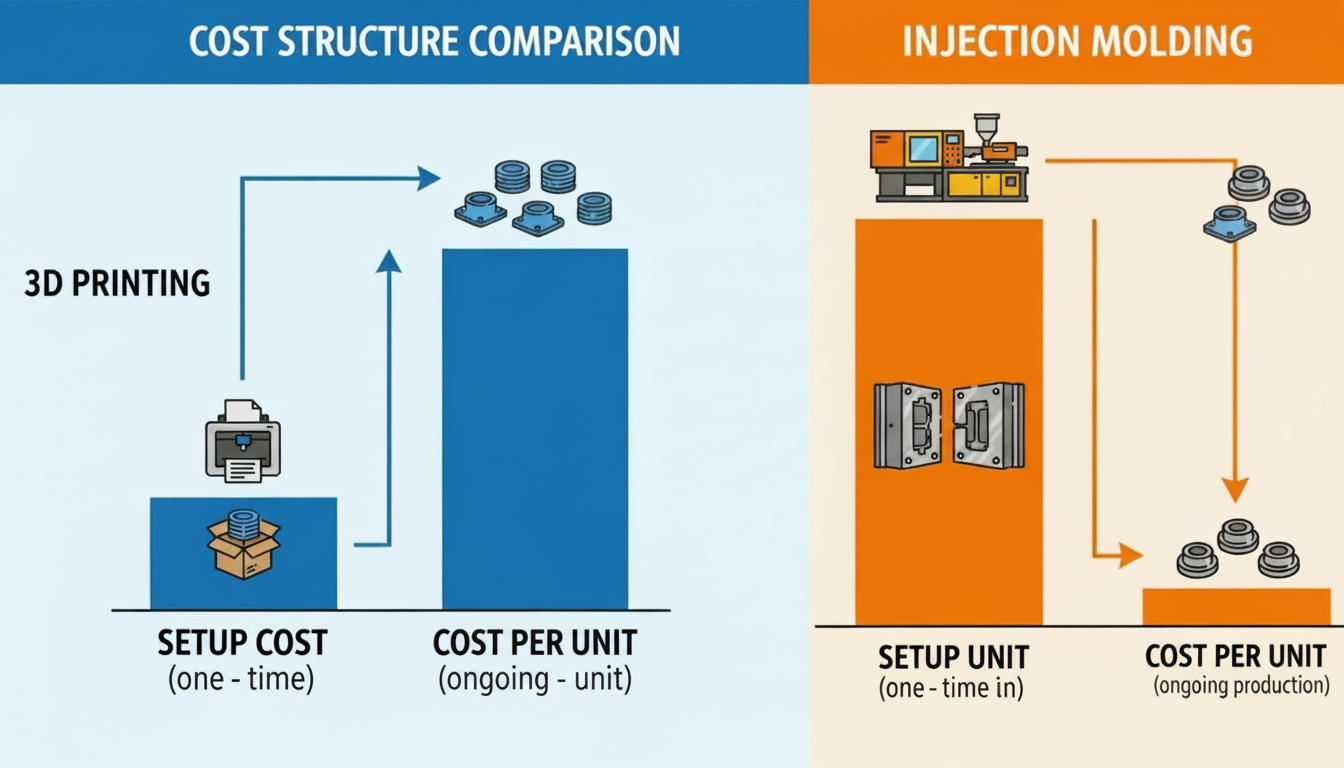 Cost structure comparison between 3D printing and injection molding showing setup costs vs per-unit costs