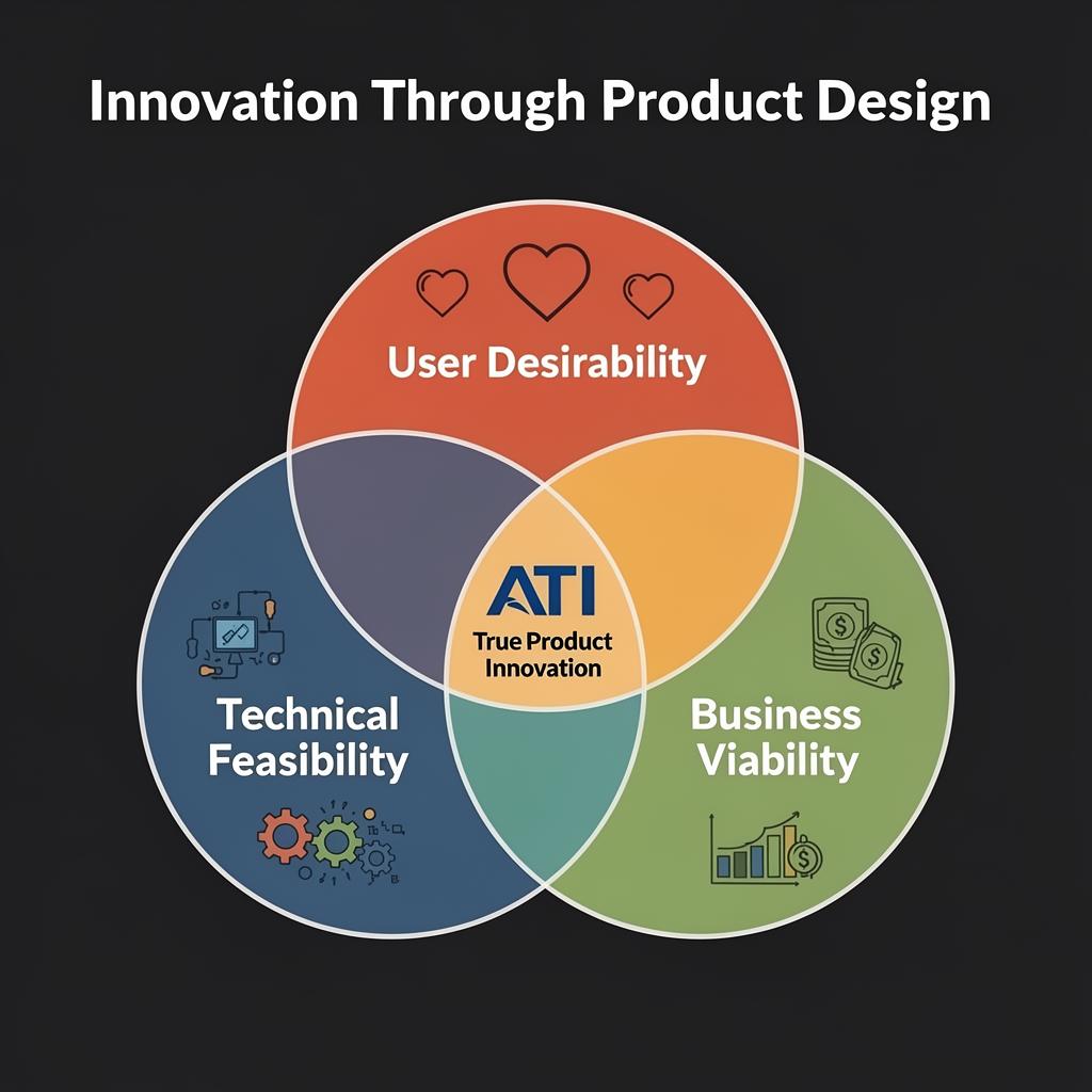 Venn diagram showing the intersection of User Desirability, Technical Feasibility, and Business Viability with product design at the center