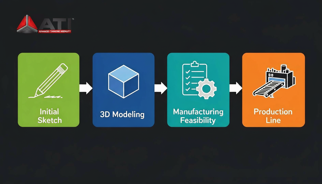 Flowchart showing the development process from initial sketch through 3D modeling, manufacturing feasibility check, to final product on the production line
