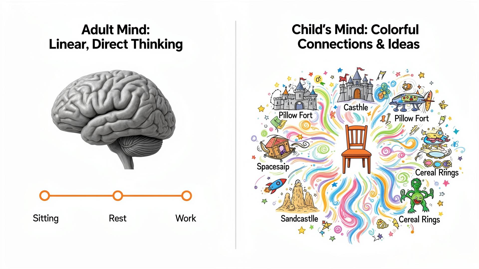 Infographic comparing adult linear thinking with a child's colorful, divergent thinking patterns