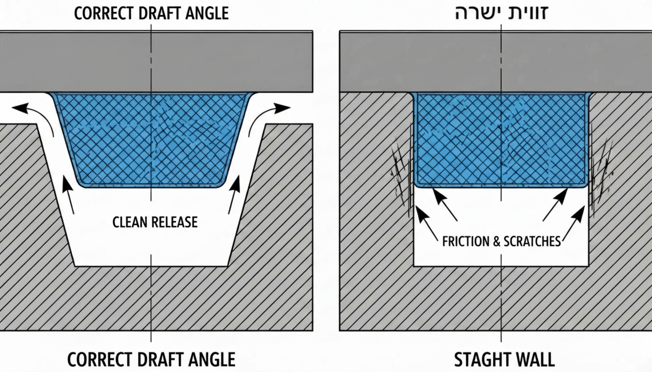 Engineering diagram showing how correct draft angle allows a textured part to release from the mold cleanly versus a straight wall causing friction and scratches