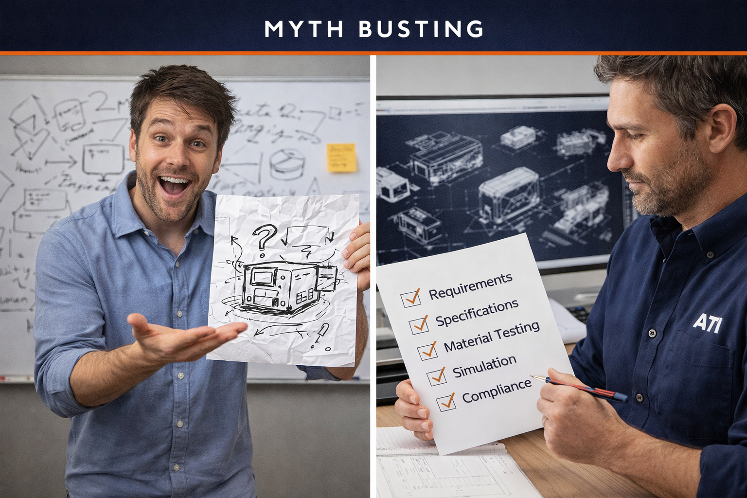Side-by-side comparison of an excited inventor holding a rough sketch versus a professional engineer reviewing a structured requirements checklist