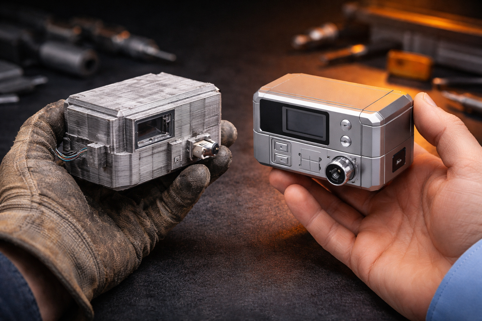 Side-by-side comparison of a rough 3D-printed prototype and a polished final production unit of the same product