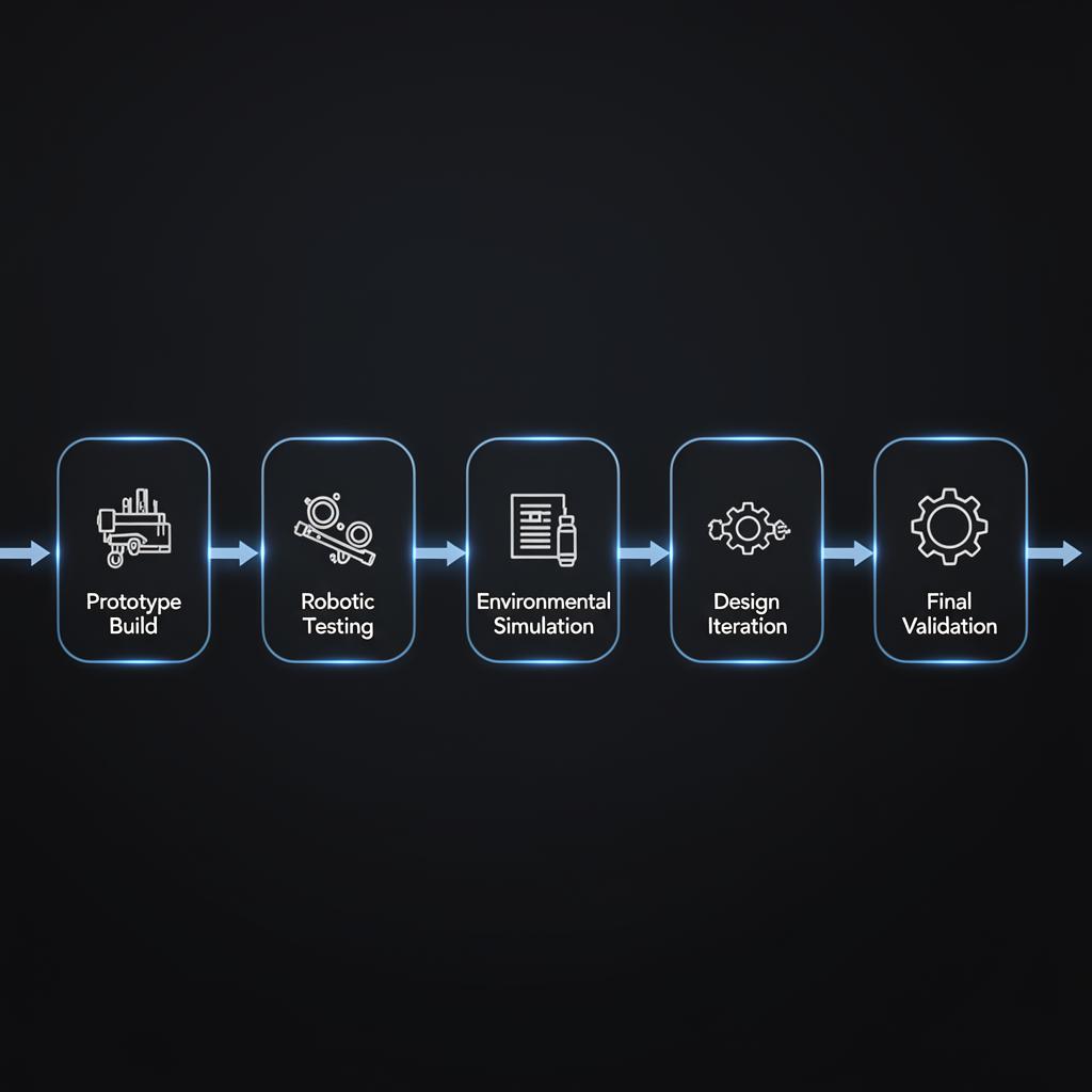 Flowchart showing lifecycle testing stages for moving mechanisms: Prototype Build, Robotic Testing, Environmental Simulation, Data Collection, Design Iteration, Final Validation