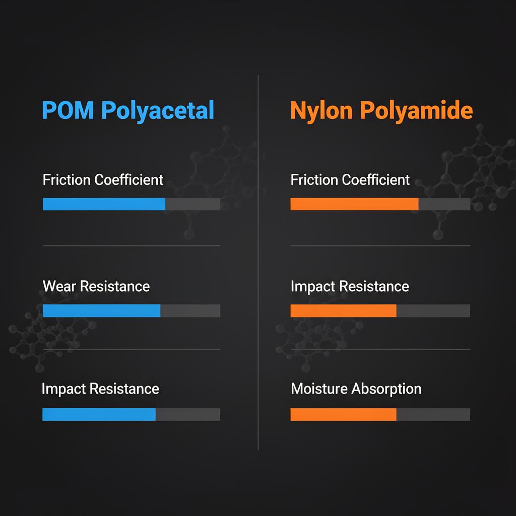 Infographic comparing POM (Polyacetal) vs Nylon material properties including friction coefficient, wear resistance, impact resistance, and moisture absorption