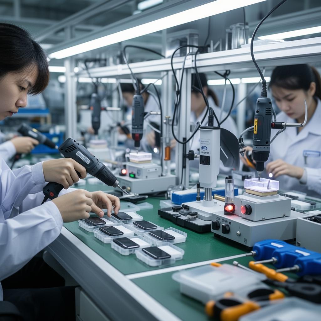 Modern production line where workers assemble plastic parts using electric screwdrivers and ultrasonic welding machines