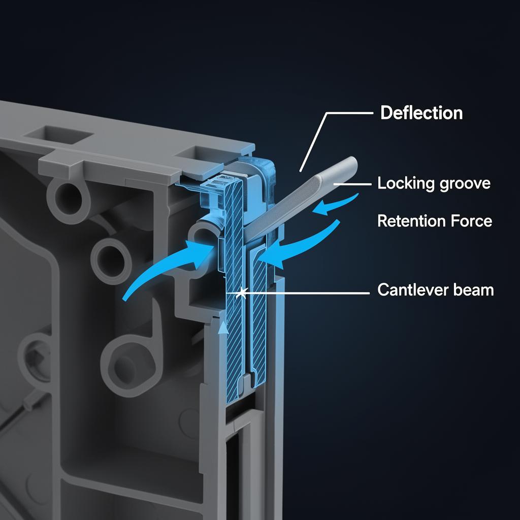 3D engineering diagram showing how a cantilever snap fit mechanism locks into a receiving groove