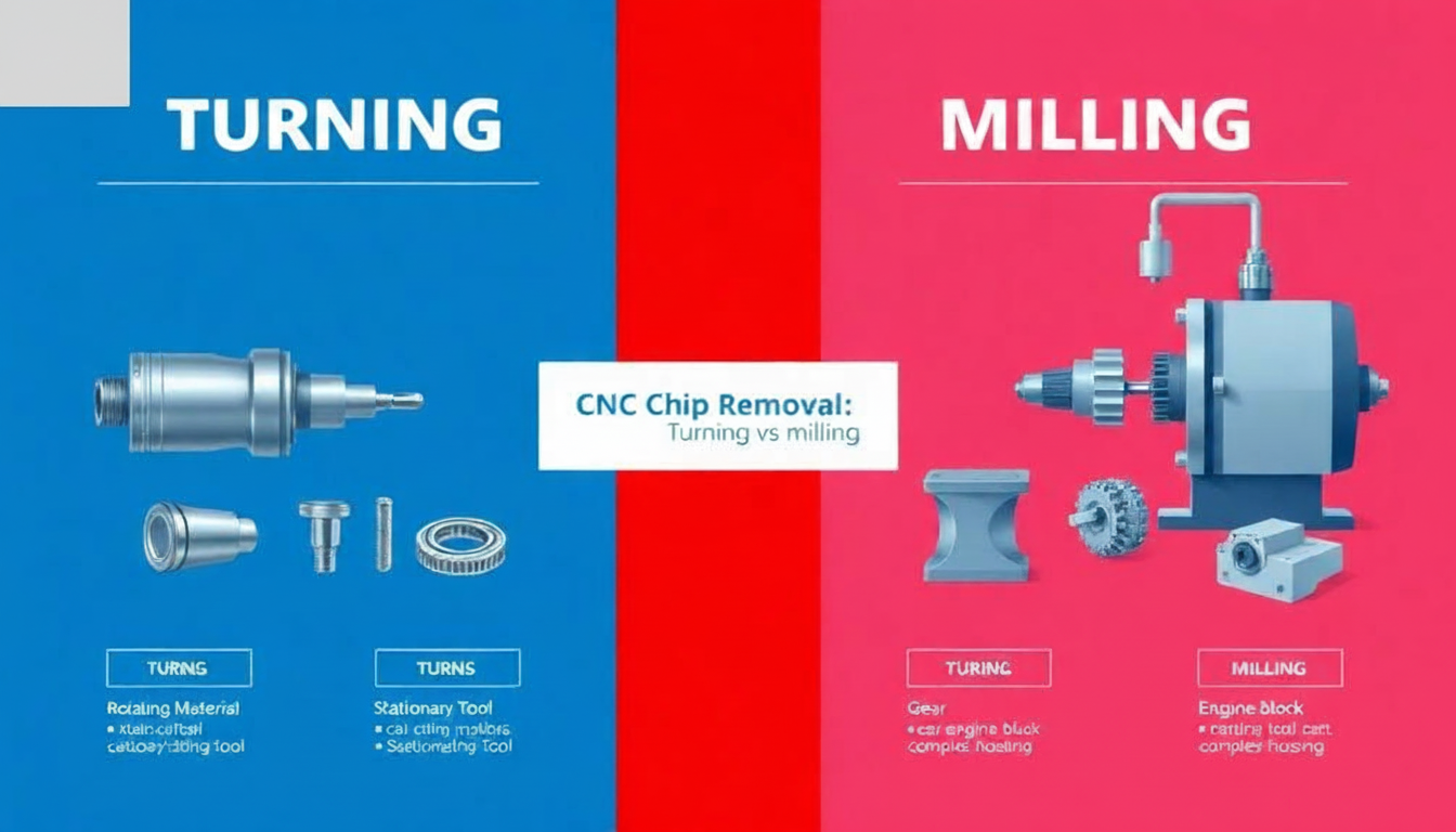 Split-screen infographic comparing CNC milling with rotating tool and stationary material versus CNC turning with rotating material and stationary tool