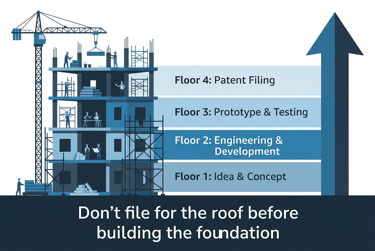 Building construction analogy showing the stages of development before patent filing