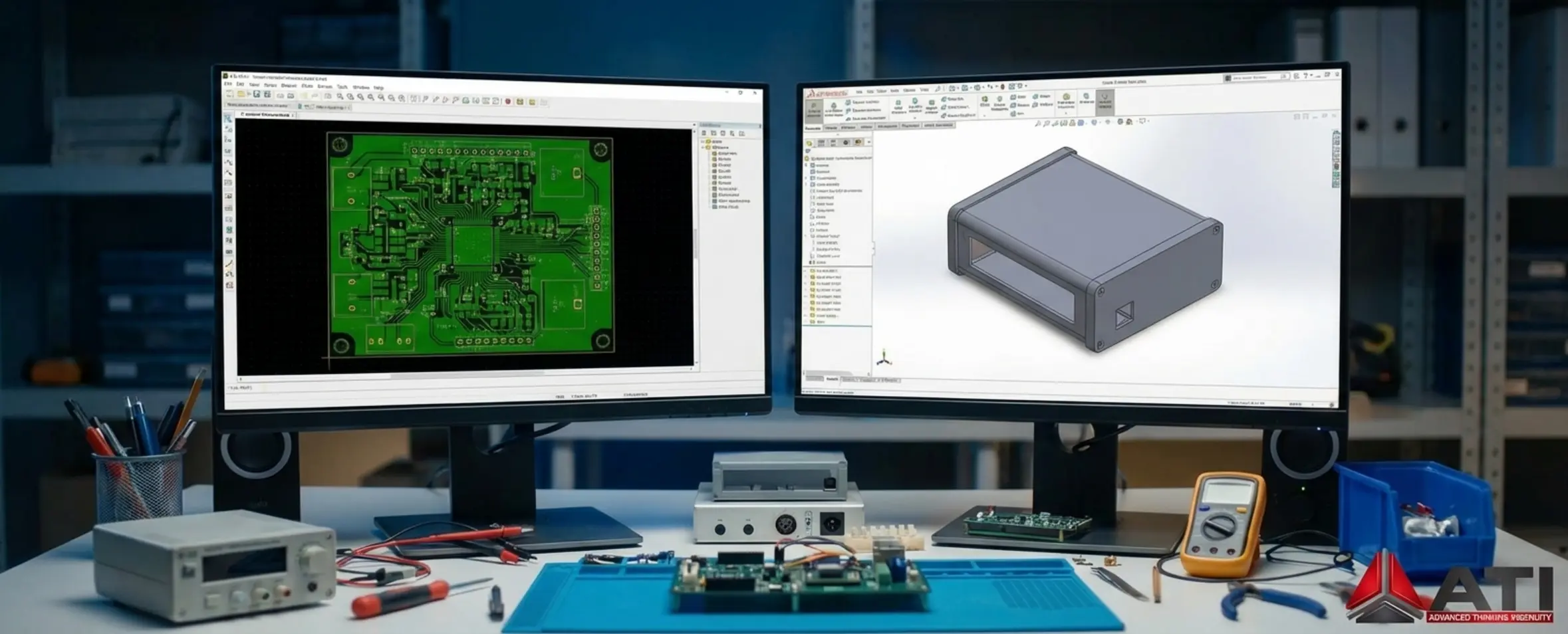 Dual-screen view showing EDA software with a green PCB layout on one side and MCAD software with a 3D enclosure model on the other, connected by digital synchronization lines