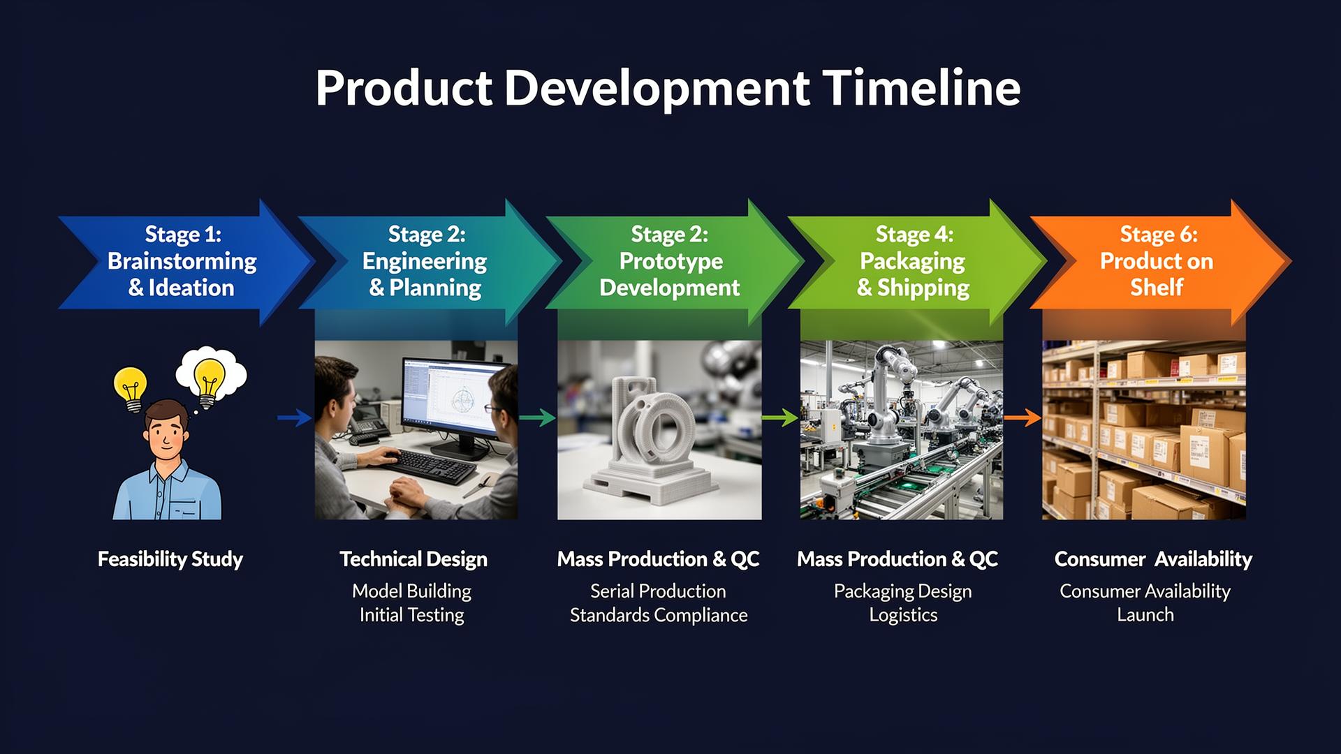 Product development timeline infographic showing stages from brainstorming through engineering, prototyping, production, packaging to product on shelf