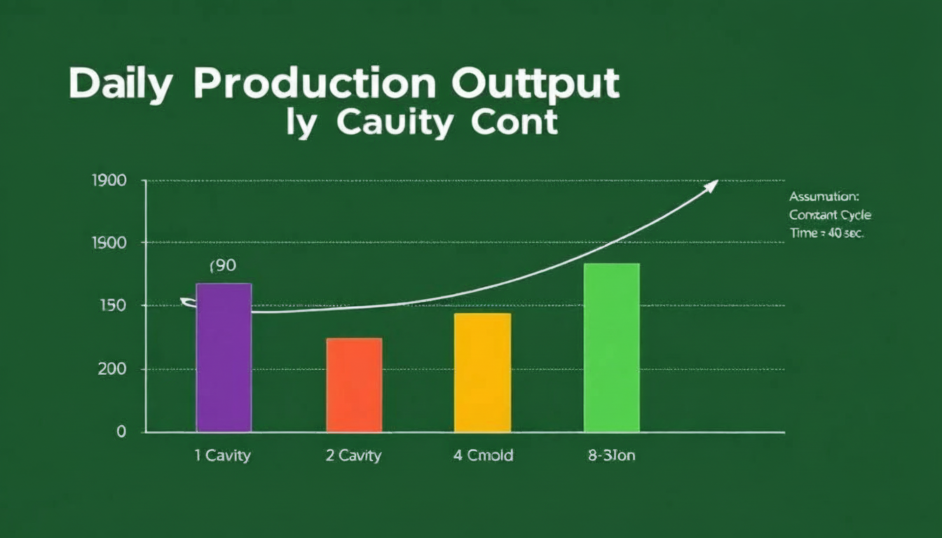 Bar chart infographic comparing daily production output between 1-cavity, 2-cavity, 4-cavity, and 8-cavity molds with constant cycle time