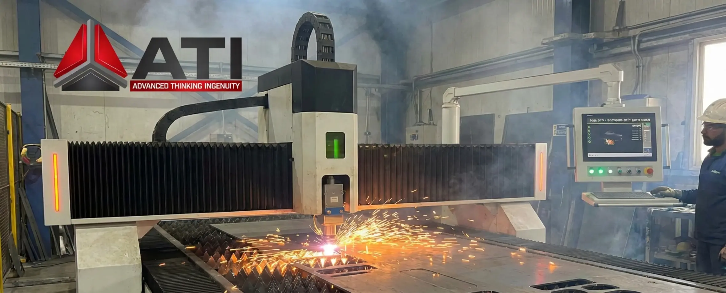 Industrial laser cutting machine in action, cutting a metal sheet with sparks flying, demonstrating high precision in the manufacturing process