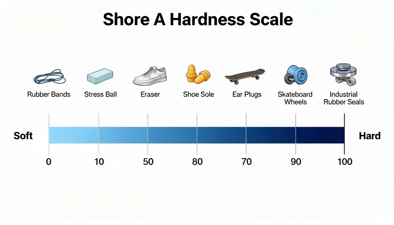Visual graph of the Shore A scale showing examples of various products on the spectrum, from soft erasers to rigid skateboard wheels