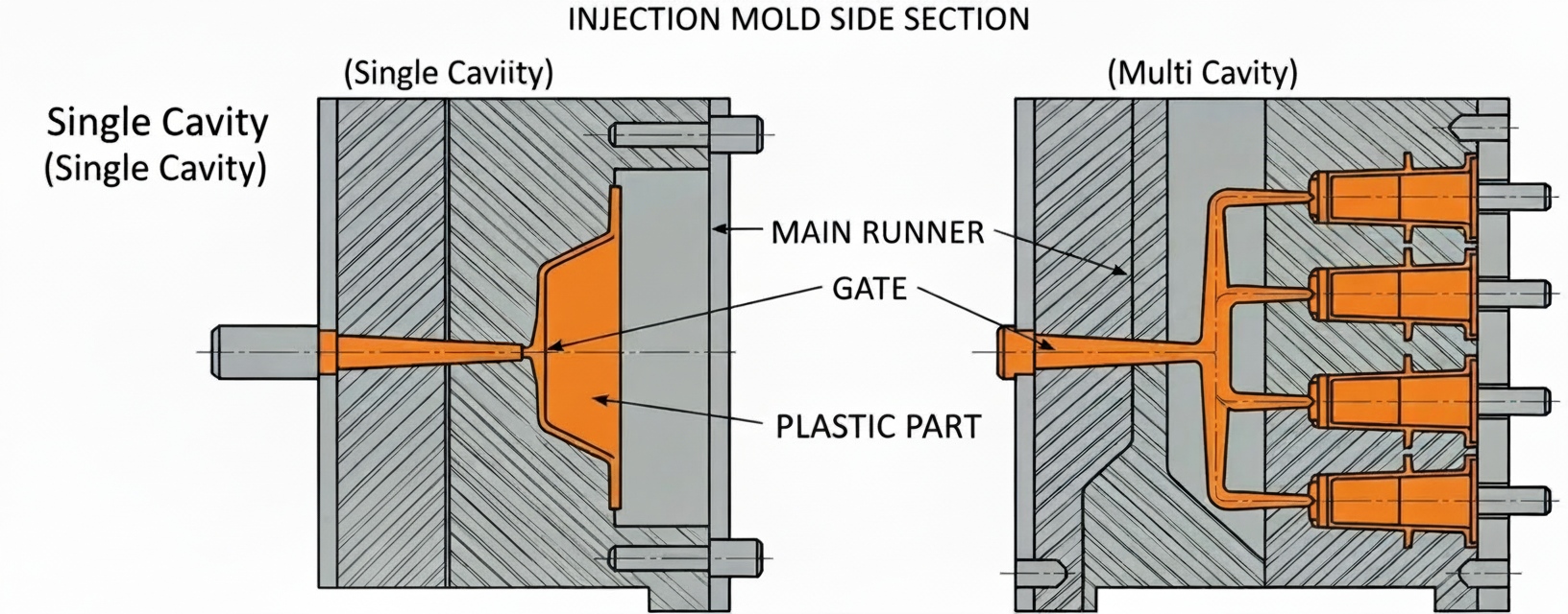 Technical cross-section illustration comparing a Single Cavity injection mold producing one part versus a Multi Cavity mold producing four parts simultaneously