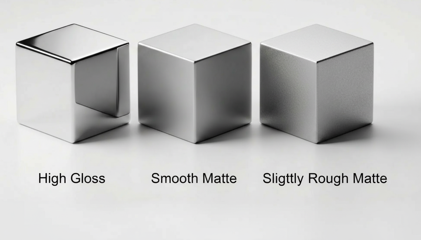 Infographic showing the visual difference between four finish levels on the same product: high gloss, smooth matte, slightly rough matte, and coarse texture