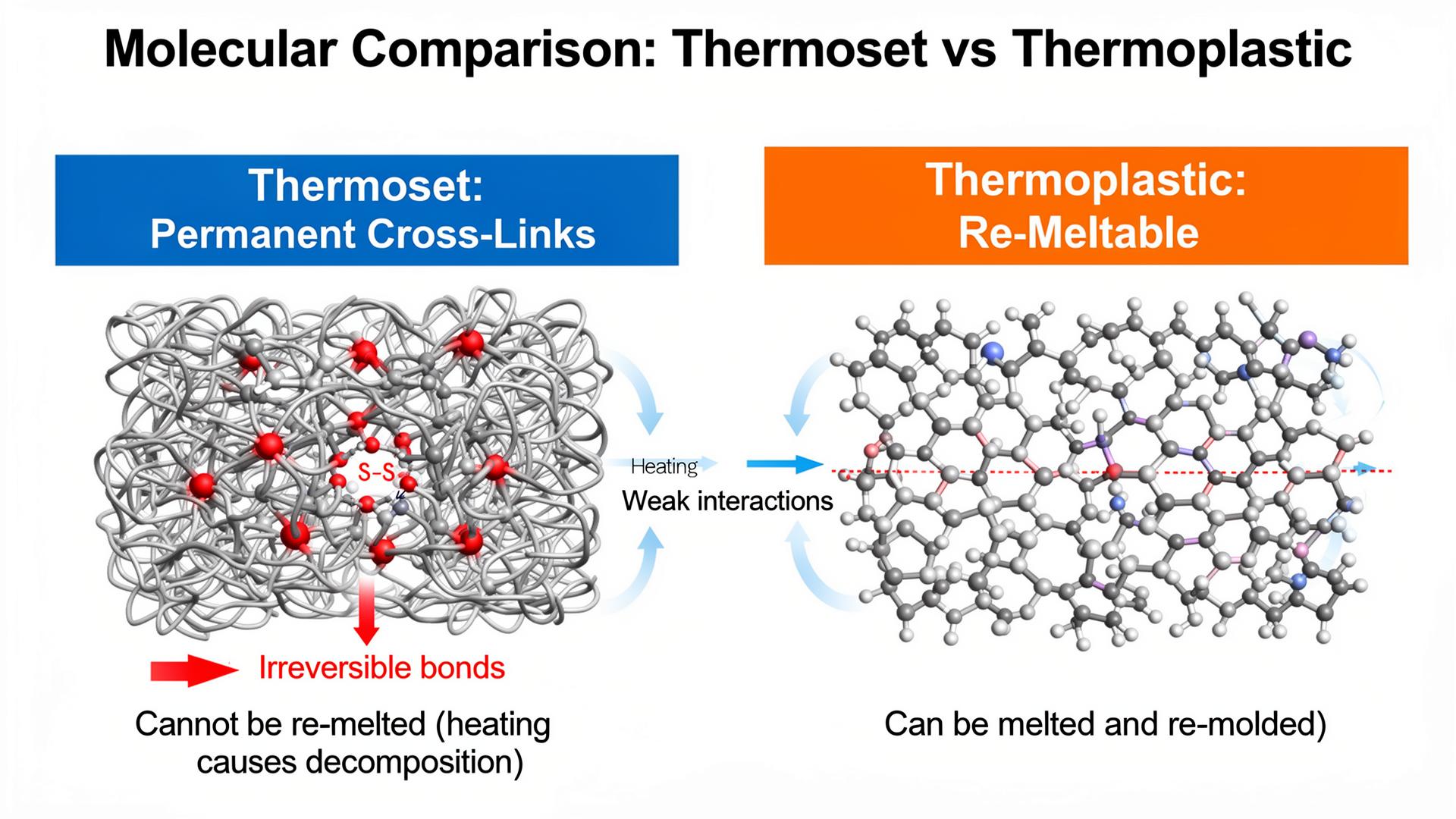 Infographic showing the molecular difference between thermoset materials with irreversible cross-links and thermoplastic materials that can be re-melted