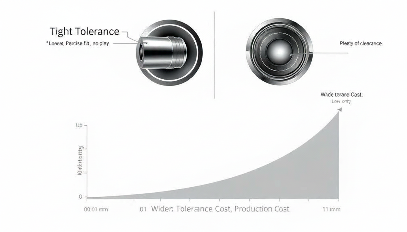 Diagram showing the difference between tight and loose tolerances, with a graph illustrating the exponential relationship between tighter tolerances and rising manufacturing costs