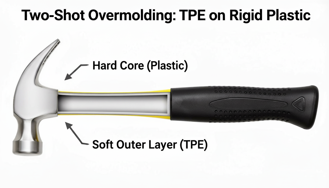 Cross-section of a tool handle showing the perfect bond between the rigid plastic core and the soft TPE coating