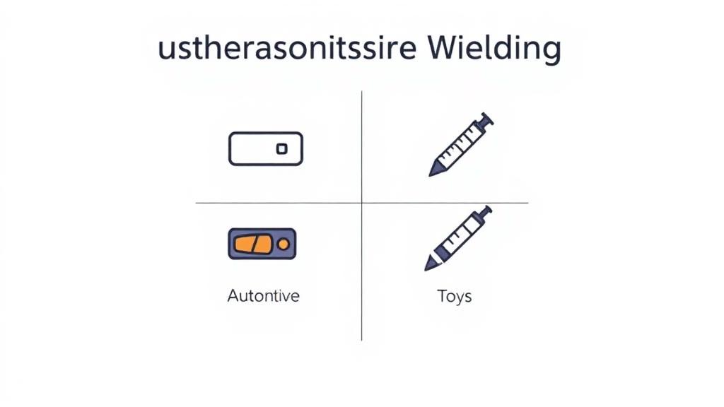 Infographic showing four industry applications of ultrasonic welding: consumer electronics, automotive, medical devices, and toys