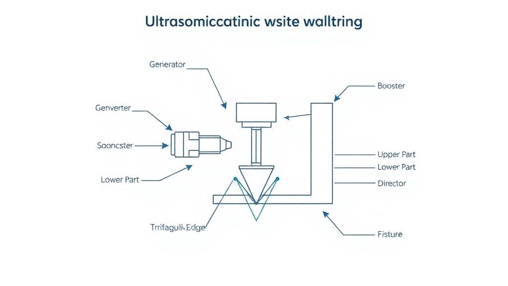 Technical cross-section diagram of an ultrasonic welding system showing Generator, Converter, Booster, Sonotrode, and plastic parts with Energy Director
