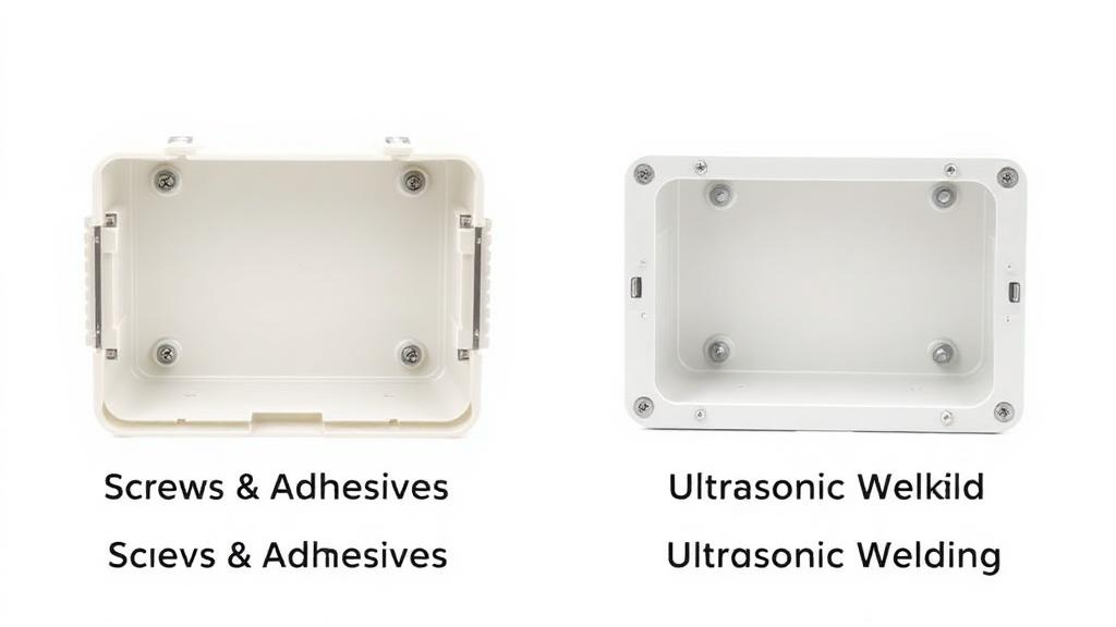 Visual comparison between a product closed with visible screws versus the same product with a clean ultrasonic weld finish