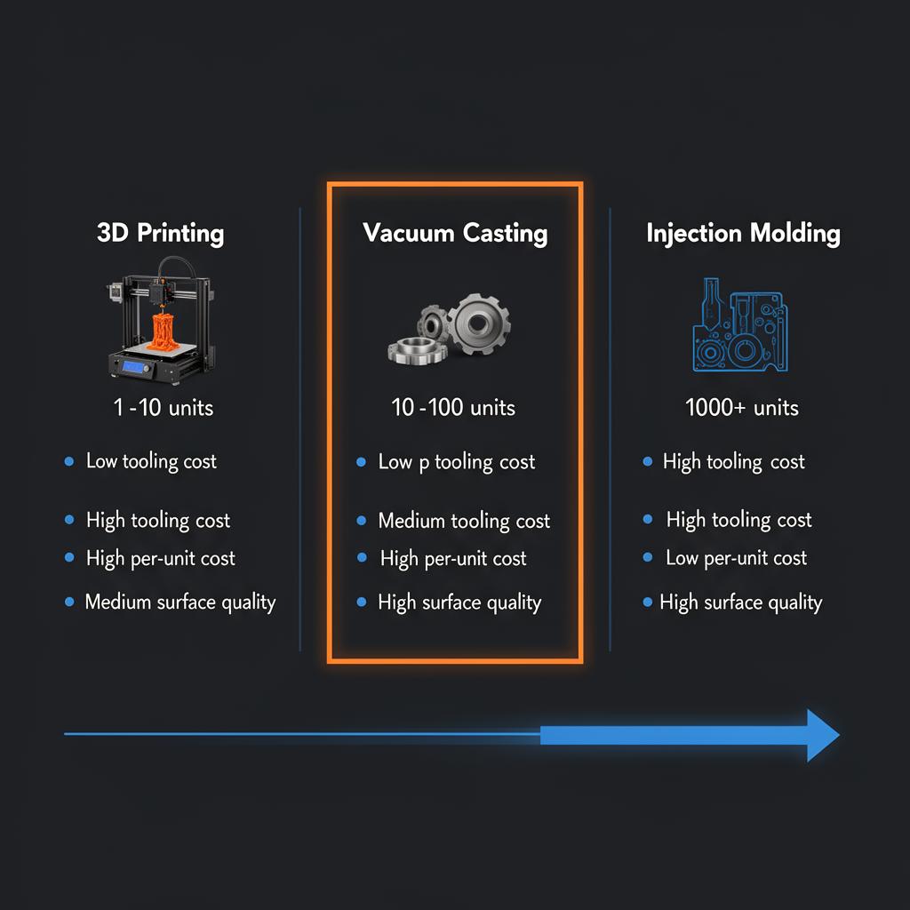 Infographic comparing 3D Printing, Vacuum Casting, and Injection Molding across cost, quantity, and quality parameters