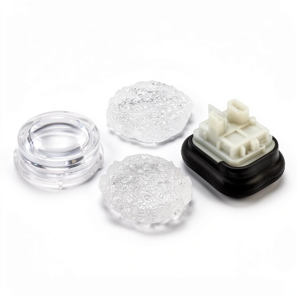 Variety of vacuum cast parts showing transparent, textured, and rubber-over-plastic overmolded components