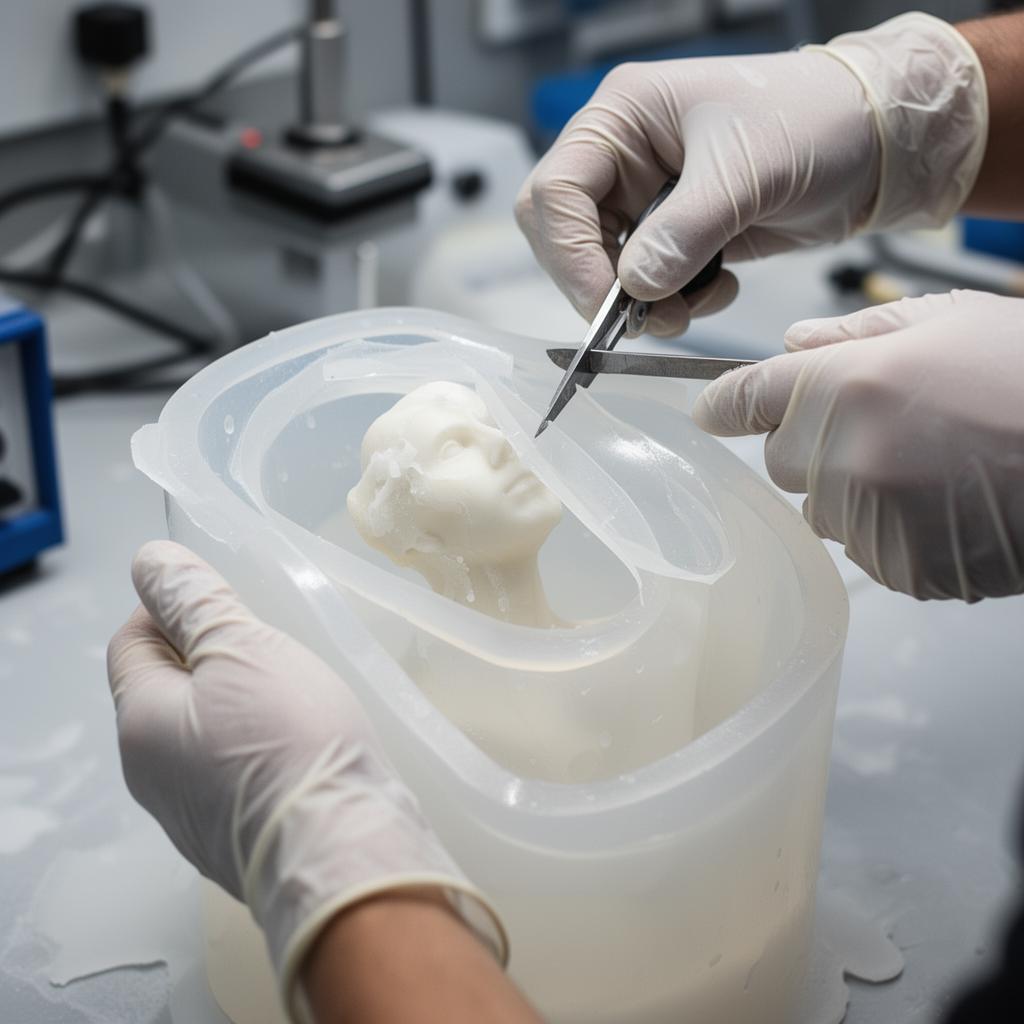 Professional hands with protective gloves carefully cutting open a translucent silicone mold to reveal the master model inside